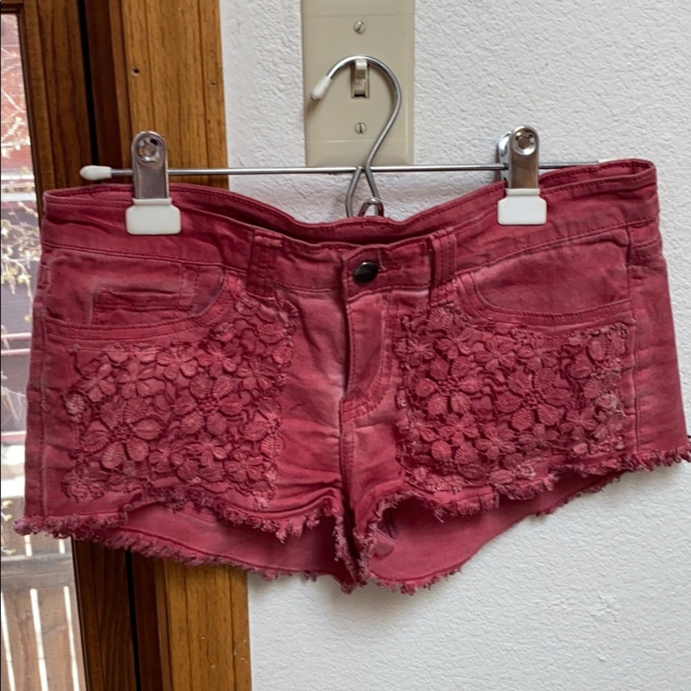 Red washed jean shorts